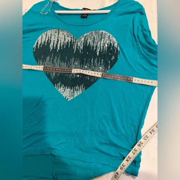 Miss Chievous Teal Sequin Heart Long Sleeve Top - Picture 5 of 6
